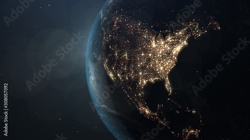 World and sun realistic 3D rendering. Shiny sunlight over Planet Earth, cosmos, atmosphere, america, usa . Shot from Space satellite