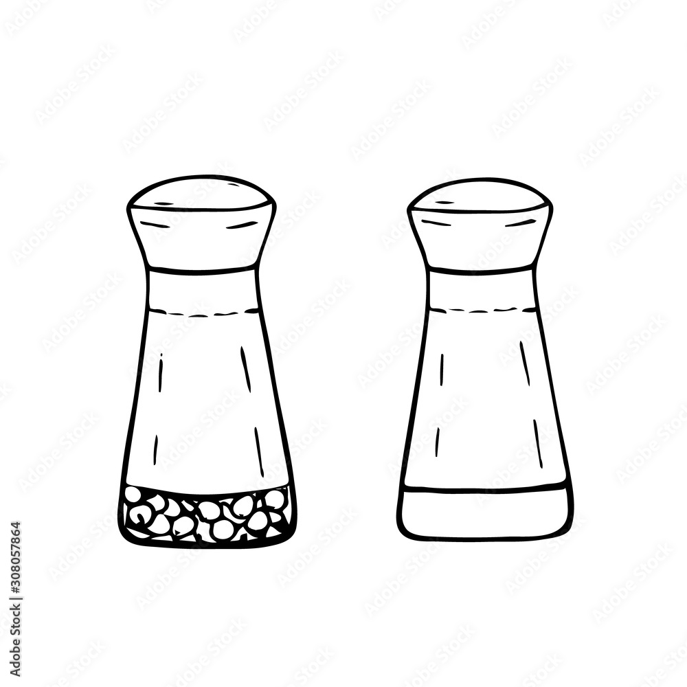 Hand drawn illustration. Kitchen utensils, accessories, salt and pepper shaker, black lines on white background, cute. Hand drawn illustration. Kitchen utensils, accessories, salt and pepper shaker, black lines on white background, cute.