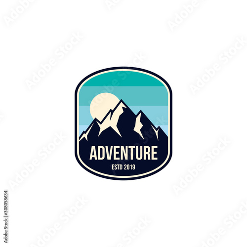 mountain adventure badge, label, emblem or logo design vector template. outdoor activities icon. hiking/climbing icon. © addymawy