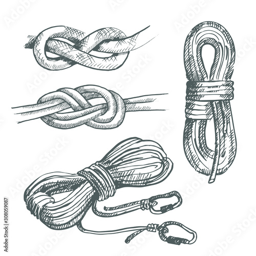Hand drawn climbing ropes and knots and loops. Set of mountaineering ropes isolated on white background. Sketch illustration.