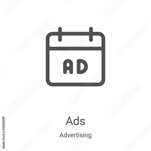 ads icon vector from advertising collection. Thin line ads outline icon vector illustration. Linear symbol for use on web and mobile apps, logo, print media