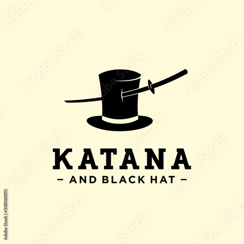 unique katana and black hat logo design vector. universal piercing katana sword on black cylinder hat brand template illustration
