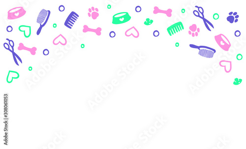 Vector  tamplate with grooming dogs of different breeds, tools and supplies. Colorful background for grooming salon and pet shop. EPS 10