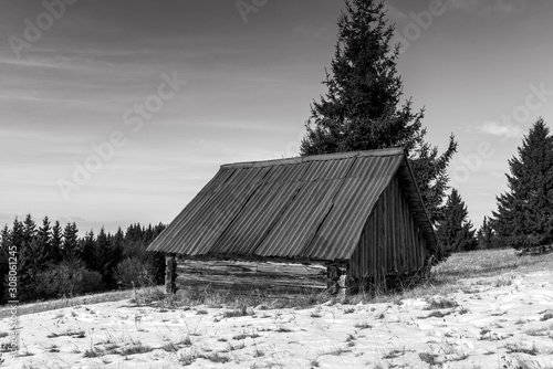 Small abandoned wood house at wintertime on the top of the mountain in the Carpathian mountains in black and white.