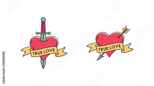Set of color illustrations on the theme of love and Valentine's Day. Vector illustration of a heart with an arrow and a dagger, a ribbon with text on a white background.