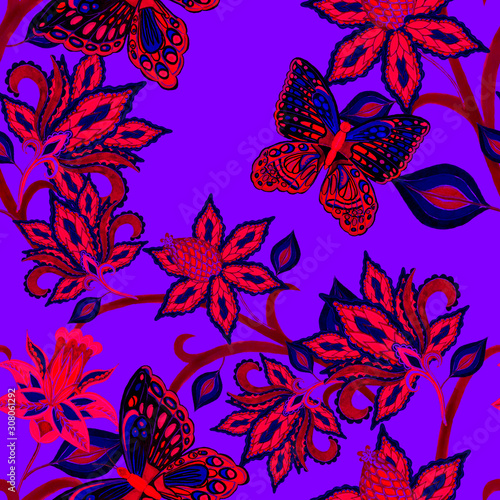 Watercolor seamless pattern with paisley fantasy flowers and butterflies in ethnic style. Floral decoration. Traditional paisley pattern. Textile design texture.Tribal ethnic vintage seamless pattern. photo