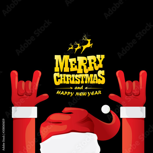 vector cartoon Santa Claus rock n roll style with golden greeting text on black background with christmas star lights. Merry Christmas Rock n roll party poster design or greeting card.