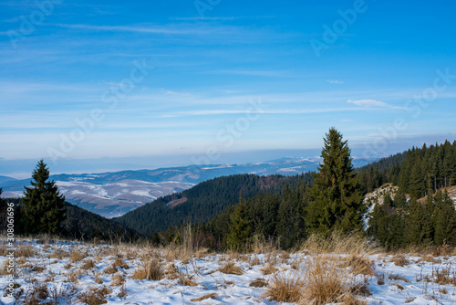 View from the top of the mountain at early winter in the Carpathian mountains.