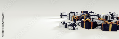 Christmas Background with xmas presents, Dark Blue and White Gift boxes wrapped with gold and blue ribbons, panoramic large banner with copy space for text on white background.