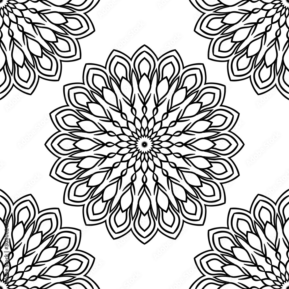 Fantasy seamless pattern with ornamental mandala. Abstract round doodle flower background. Floral geometric circle. Vector illustration. Fantasy seamless pattern with ornamental mandala. Abstract round doodle flower background. Floral geometric circle. Vector illustration.