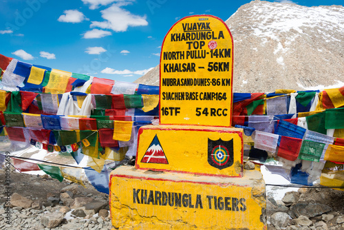 Ladakh, India - Jul 20 2019 - Monument of Khardung La Pass in Ladakh, Jammu and Kashmir, India. Khardung La is situated at an altitude of around 5359m above the sea level. photo