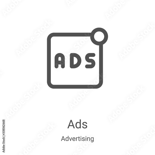 ads icon vector from advertising collection. Thin line ads outline icon vector illustration. Linear symbol for use on web and mobile apps, logo, print media