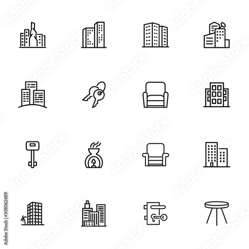 Residential building icons. Set of line icons. Key, residential district, cityscape. Housing development. Vector illustration can be used for topics like mortgage, rent, construction