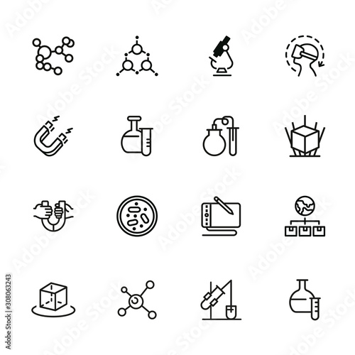 Science line icon set. Magnet, lab flask, microscope. Research concept. Can be used for topics like physics, chemistry, graphic design