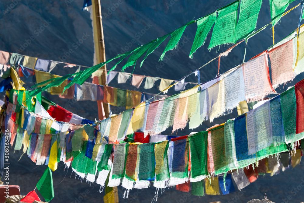 Ladakh, India - Jul 20 2019 - Tibetan, prayer flag at Turtuk Monastery (Turtuk Gompa) at Turtuk village in Ladakh, Jammu and Kashmir, India.