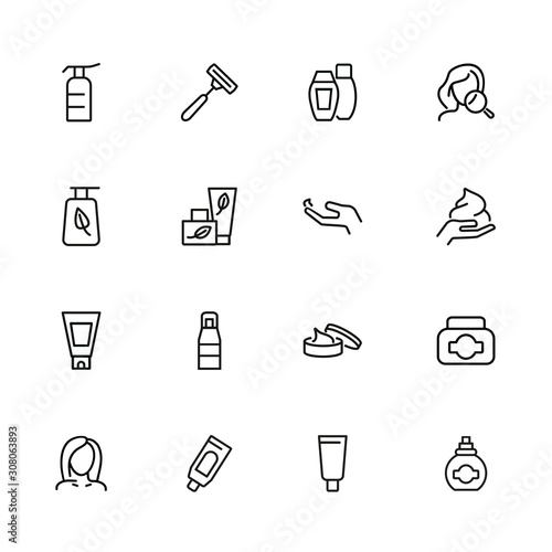 Skin care products line icon set. Cream, shaving stick, face and magnifier glass. Beauty concept. Can be used for topics like beautician, cosmetics, natural ingredients