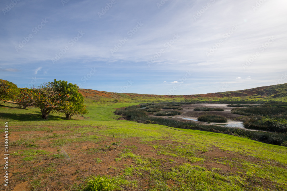 View of the lake in the Rano Raraku volcano, the quarry of the moais, Easter Island. Easter Island, Chile
