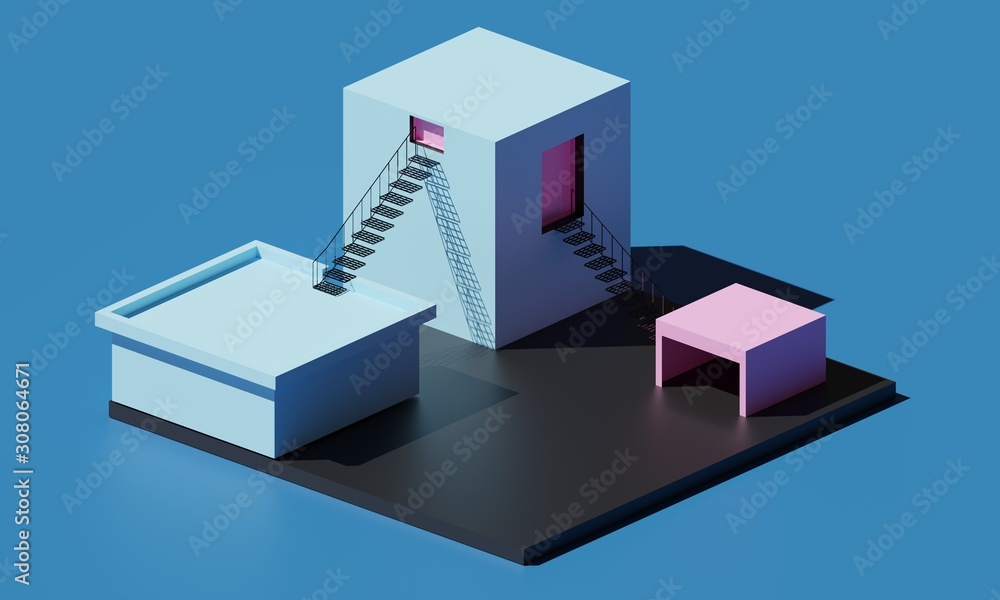 3d isometric buildings with blue background. 3d rendering. 3d isometric buildings with blue background. 3d rendering.