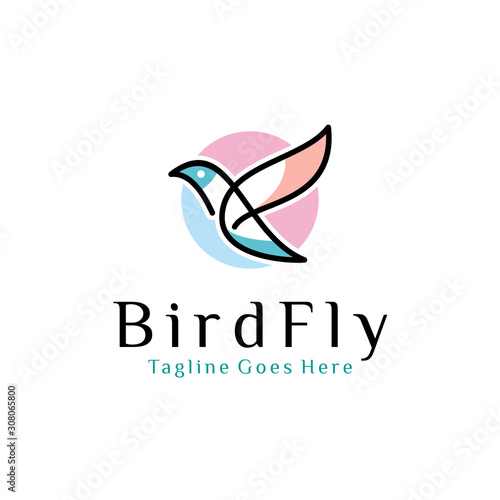 flying bird logo design template with linear concept style. vector illustration of bird in monoline style