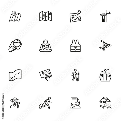 Trekking line icon set. Map, tourist, itinerary. Activity concept. Can be used for topics like hiking, navigation, tourism, active lifestyle