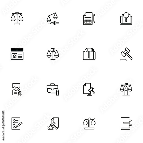 Trial line icon set. Scale, judge gavel, case. Justice concept. Can be used for topics like courthouse, court, law