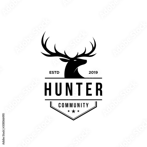 deer hunter logo, badge, emblem, label design template. vector illustration of deer head silhouette and arrow. hunter club, deer hunting symbol icon