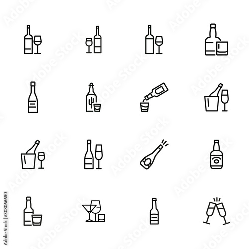 Wine and beer line icon set. Set of line icons on white background. Alcohol concept. Bottle, glass, wine, beer. Vector illustration can be used for topics like bar, alcohol, restaurant