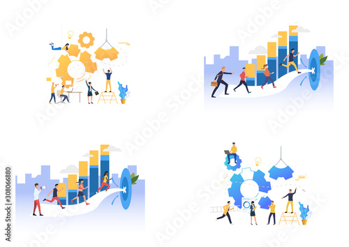 Achieving goals set. Business team building mechanism, running to target. Flat vector illustrations. Leadership concept for banner, website design or landing web page
