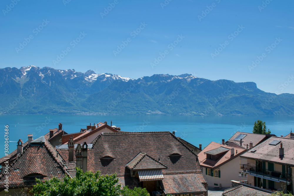 Roofs of village near Geneva Lake and Alps Mountains