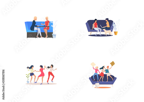 Leisure time at home set. Female friends enjoying leisure tome together. Flat vector illustrations. Friendship, communication concept for banner, website design or landing web page