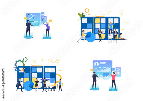 Planning and VR presentation set. Business people analyzing graphs, working at task board. Flat vector illustrations. Business, work on project concept for banner, website design or landing web page