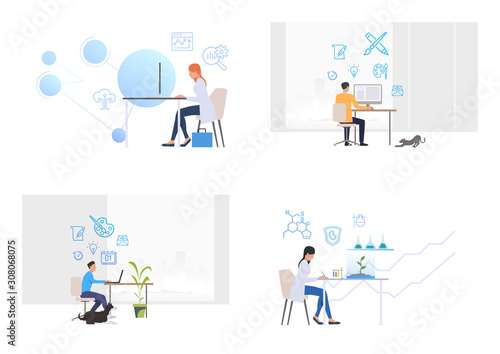 Professionals at workplaces set. Analyst, graphic designer, microbiologist at work. Flat vector illustrations. Business, occupation, job concept for banner, website design or landing webpage