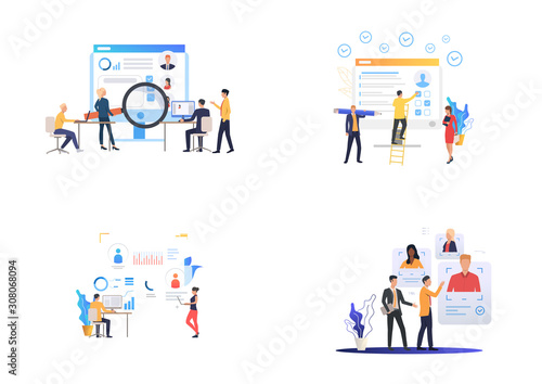 Recruiting agency set. HR professionals analyzing candidates profiles. Flat vector illustrations. Business, employment, career concept for banner, website design or landing webpage