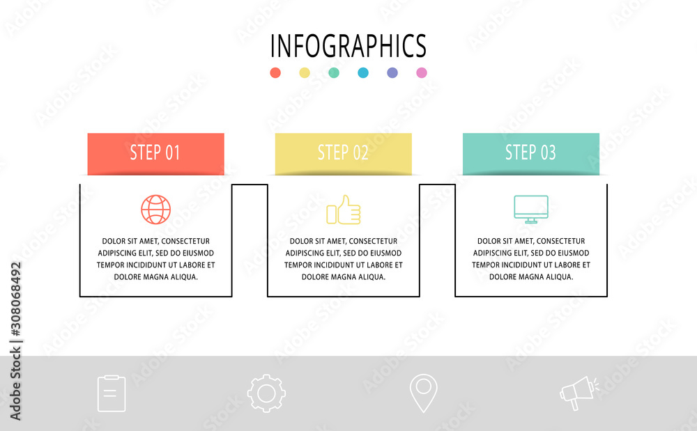 Vector infographic flat template. Rectangles for three diagrams, graph, flowchart, timeline, marketing, presentation. Business concept with 3 labels