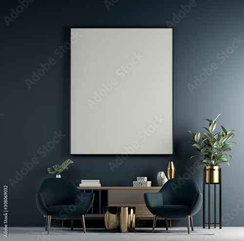Carta da parati 3D per Soggiorno - Carta da parati Modern loft living room and blue wall texture background interior design and picture frame/ 3D rendering