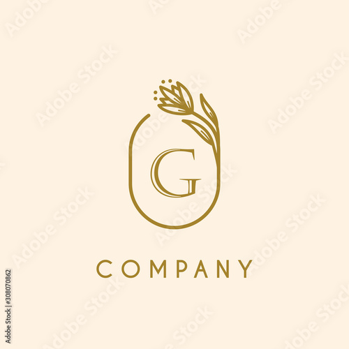 luxury monogram letter G logotype with flower icon concept. premium elegant alphabet/initial frame design vector. beauty industry, cosmetics, salon, boutique, company, corporate symbol icon