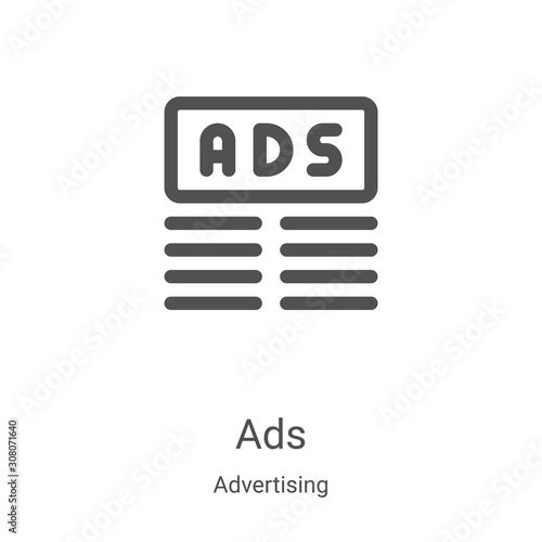ads icon vector from advertising collection. Thin line ads outline icon vector illustration. Linear symbol for use on web and mobile apps, logo, print media