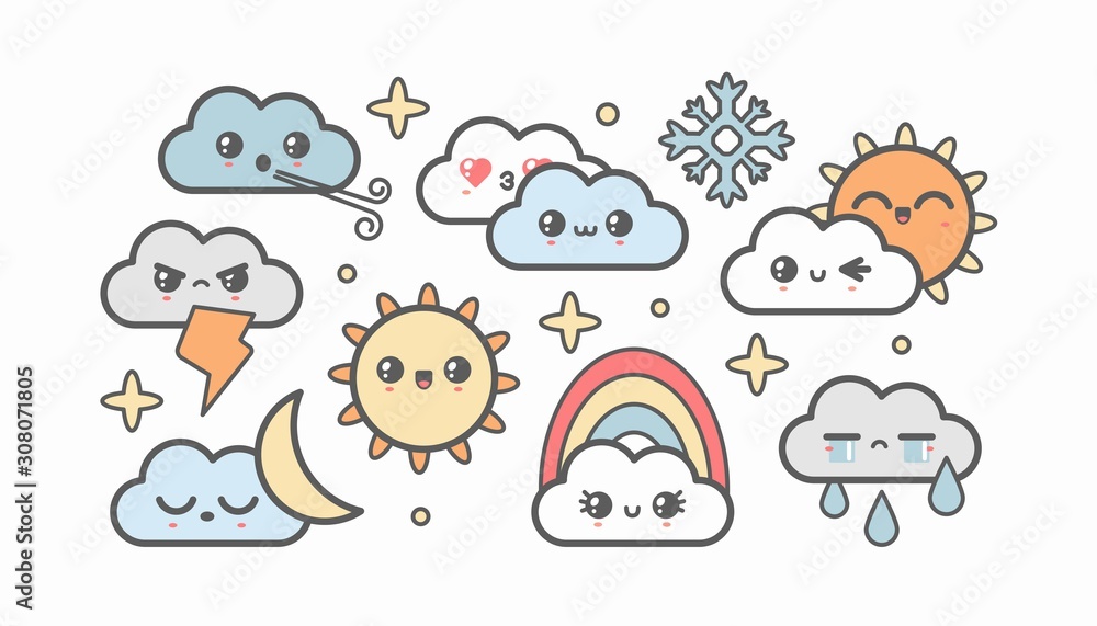 Cute kawaii weather icons. Clouds, rain, sun, stars, lightning, rainbow. Japanese cartoon manga style. Funny anime characters. Trendy vector illustration. Every icon is isolated on a white background Stock Vector | Adobe Cute kawaii weather icons. Clouds, rain, sun, stars, lightning, rainbow. Japanese cartoon manga style. Funny anime characters. Trendy vector illustration. Every icon is isolated on a white background Stock Vector | Adobe