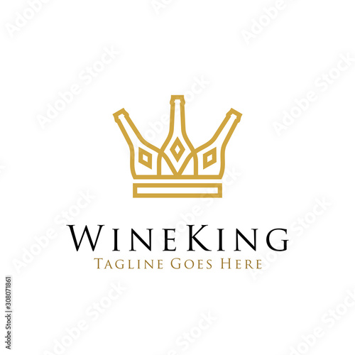wine king logo design vector illustration. line art wine bottle icon as crown concept design. beverage logo, bar, cafe, restaurant symbol icon