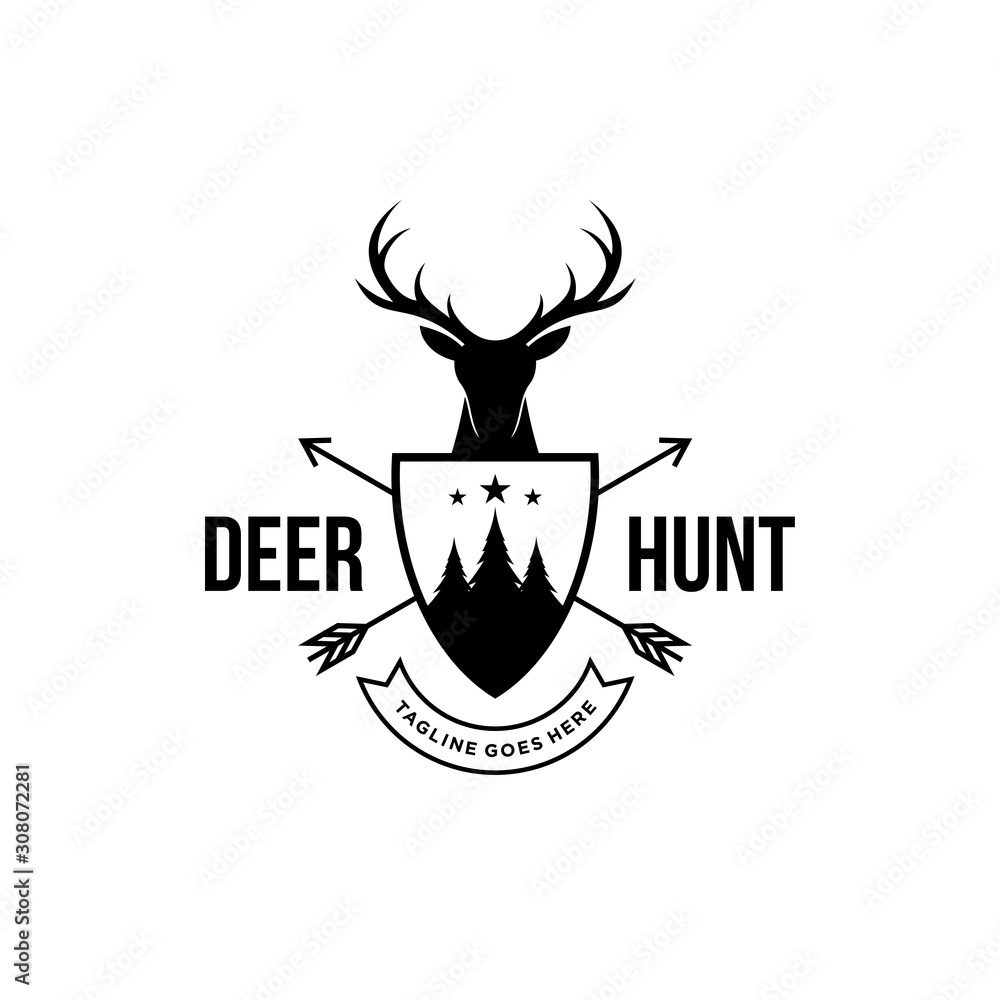 deer hunter logo, badge, emblem, label design template. vector illustration of deer head silhouette and arrow. hunter club, deer hunting symbol icon deer hunter logo, badge, emblem, label design template. vector illustration of deer head silhouette and arrow. hunter club, deer hunting symbol icon