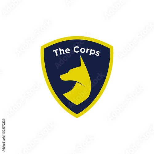 police dog badge label logo design vector template illustration. german Shepherd dog silhouette on shield concept. security dog, guard dog symbol icon