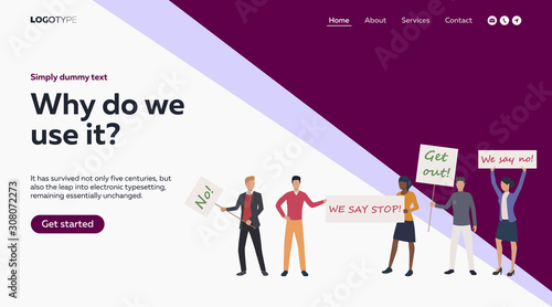 Activists holding Stop placards. Protest, movement, demonstration flat vector illustration. Public campaign concept for banner, website design or landing web page