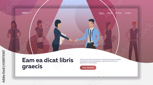 Employer selecting and hiring candidate. Applicant, employment, handshake flat vector illustration. Career or human resource concept for banner, website design or landing web page