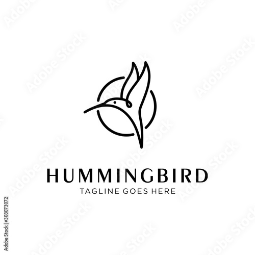 flying bird logo design template with linear concept style. vector illustration of hummingbird/colibri in outline, monoline style