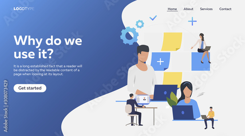 Professionals working on laptop. Freelance team, teamwork, note board flat vector illustration. Communication concept for banner, website design or landing web page