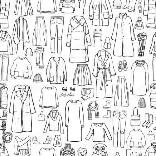 Winter fashion. Hand drawn women's clothing and shoes. Vector seamless pattern. Sketch illustration