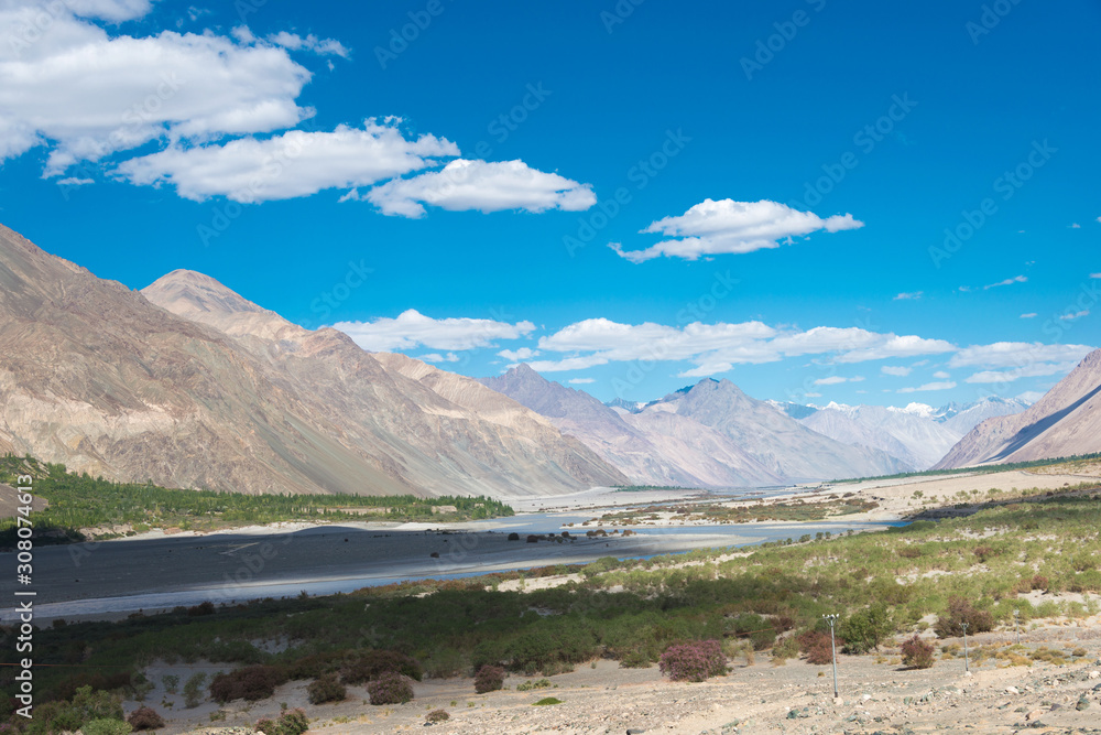 Ladakh, India - Jul 23 2019 - Beautiful scenic view from Between Diskit and Turtuk in Ladakh, Jammu and Kashmir, India.