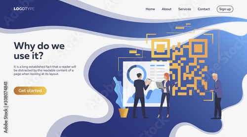 Business people discussing issues, big QR code with sample text. Work, workflow, analytics concept. Presentation slide template. Vector illustration for topics like business, finance, analysis