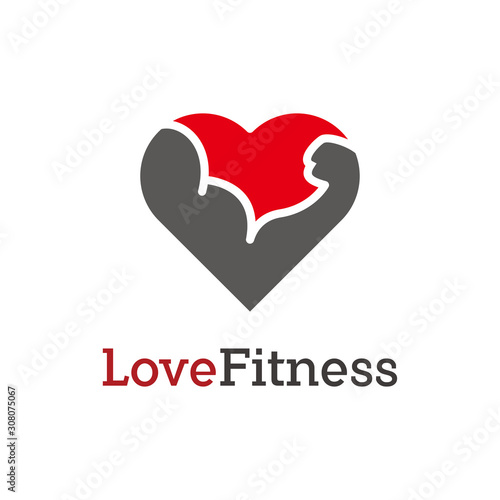 unique love fitness logo. consisting of a love heart icon with strong hand/body of athlete icon