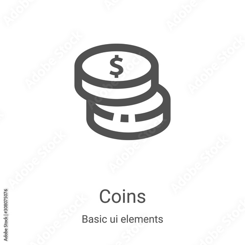 coins icon vector from basic ui elements collection. Thin line coins outline icon vector illustration. Linear symbol for use on web and mobile apps, logo, print media